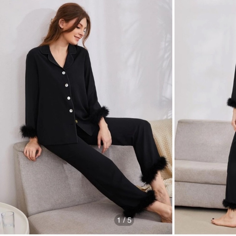 Elegant Black Feather-Trim Pajama Set